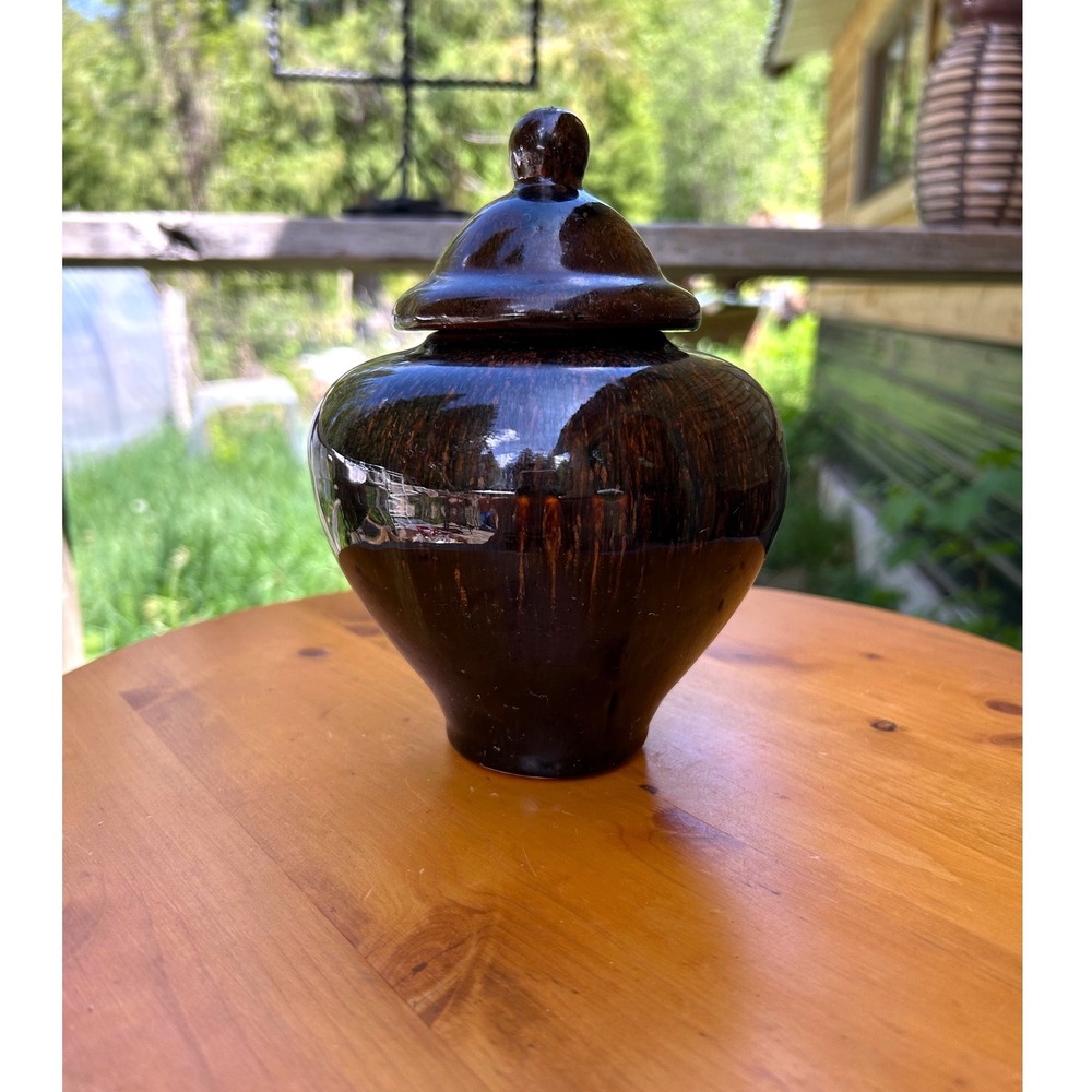 Vintage Ginger Jar Brown Tenmoku Drip Glaze Japanese Ceramic Urn MCM Wabi Sabi